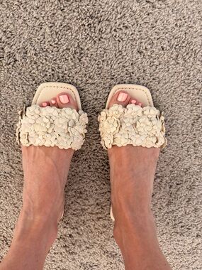 Stuart Weitzman Cream Floral Appliqué Slide Sandals